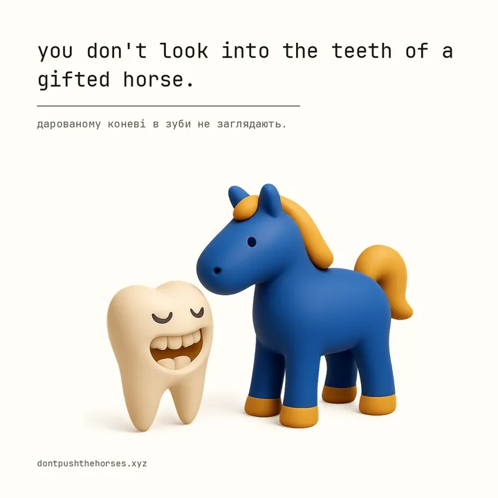 “You don't look into the teeth of a gifted horse.” — Дарованому коневі в зуби не заглядають.