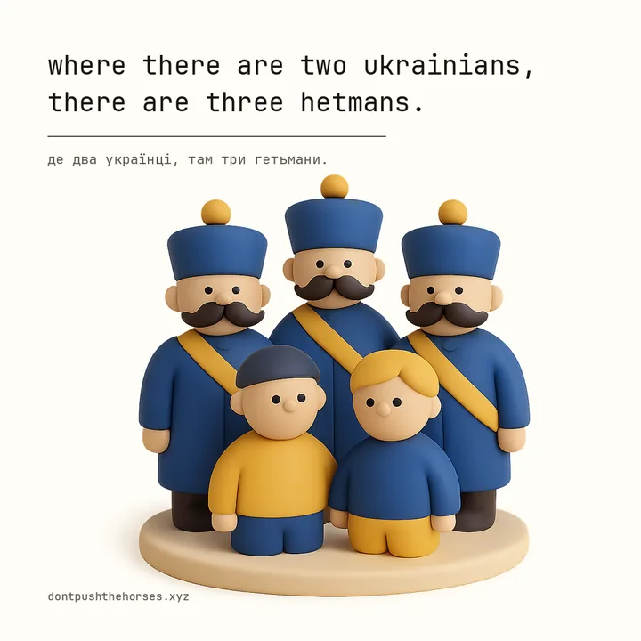 “Where there are two Ukrainians, there are three hetmans.” — Де два українці, там три гетьмани.