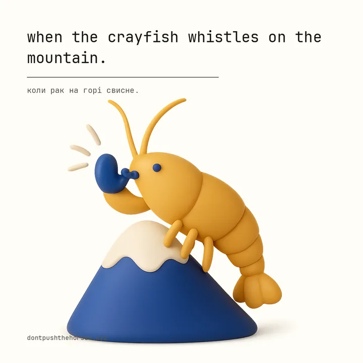 “When the crayfish whistles on the mountain.” — Коли рак на горі свисне.