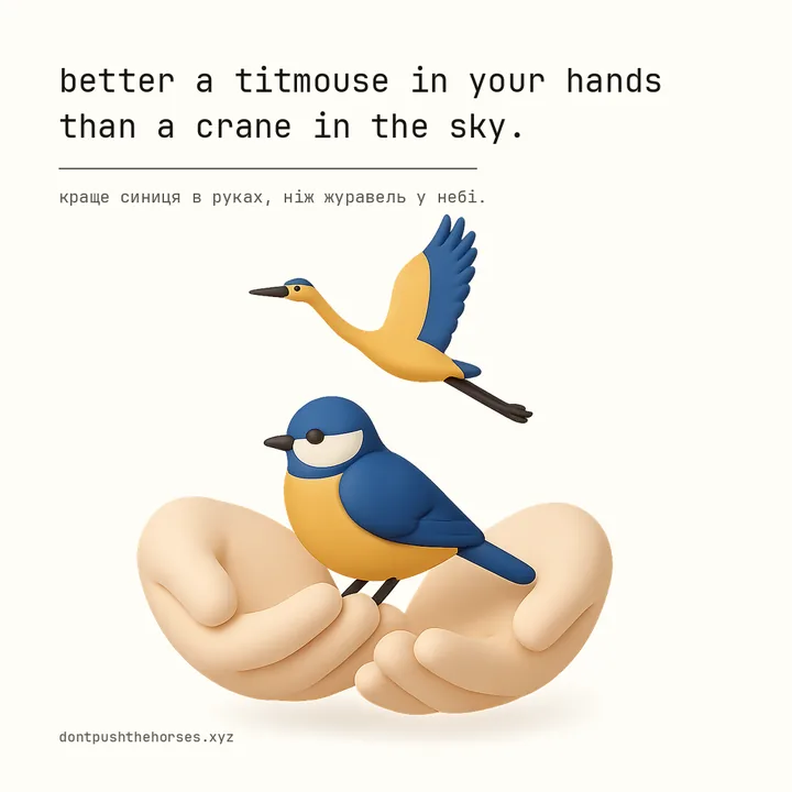 “Better a titmouse in your hands than a crane in the sky.” — Краще синиця в руках, ніж журавель у небі.