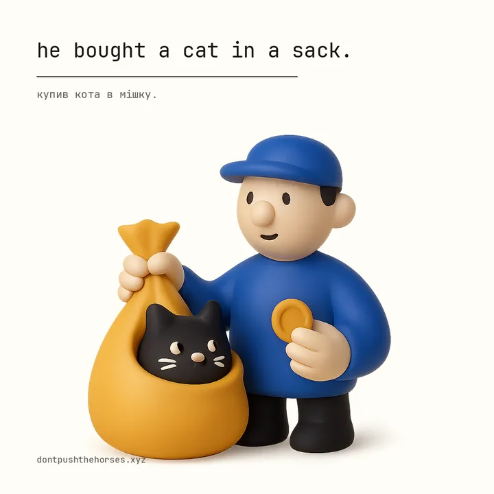 “He bought a cat in a sack.” — Купив кота в мішку.