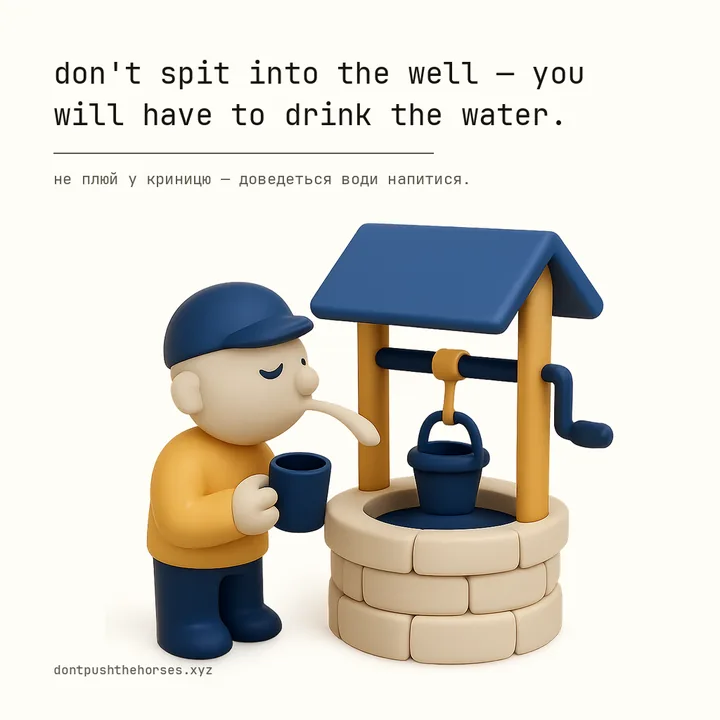“Don't spit into the well — you will have to drink the water.” — Не плюй у криницю — доведеться води напитися.