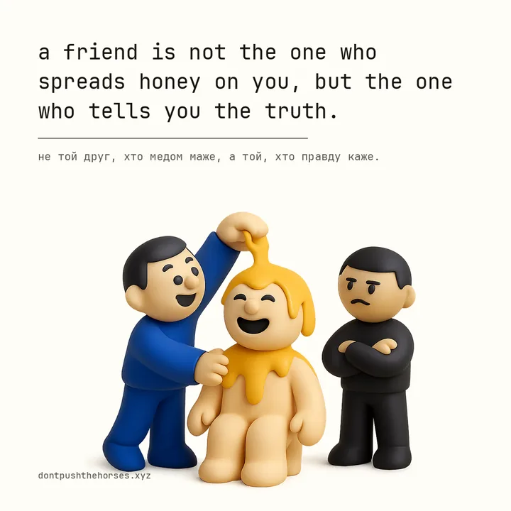 “A friend is not the one who spreads honey on you, but the one who tells you the truth.” — Не той друг, хто медом маже, а той, хто правду каже.