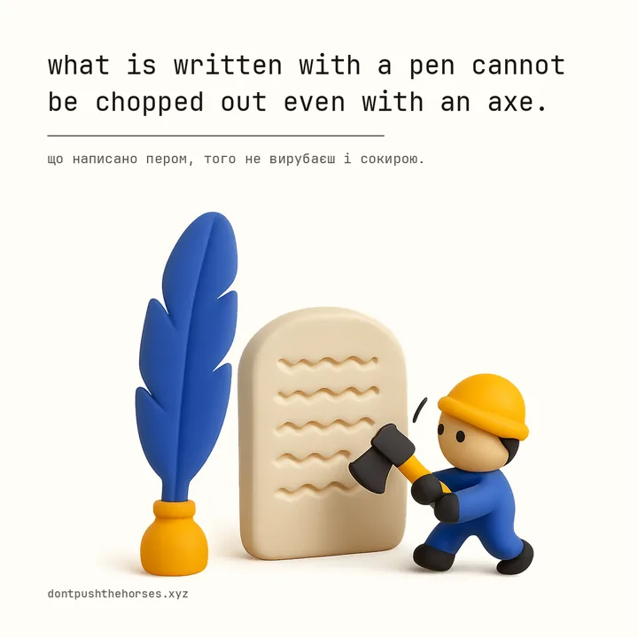 “What is written with a pen cannot be chopped out even with an axe.” — Що написано пером, того не вирубаєш і сокирою.