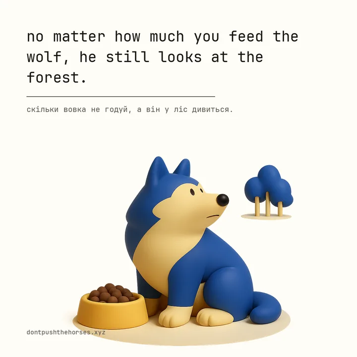 “No matter how much you feed the wolf, he still looks at the forest.” — Скільки вовка не годуй, а він у ліс дивиться.