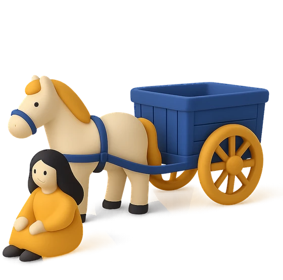 Illustration of the literal translation: The woman is off the cart — the mare has it easier.