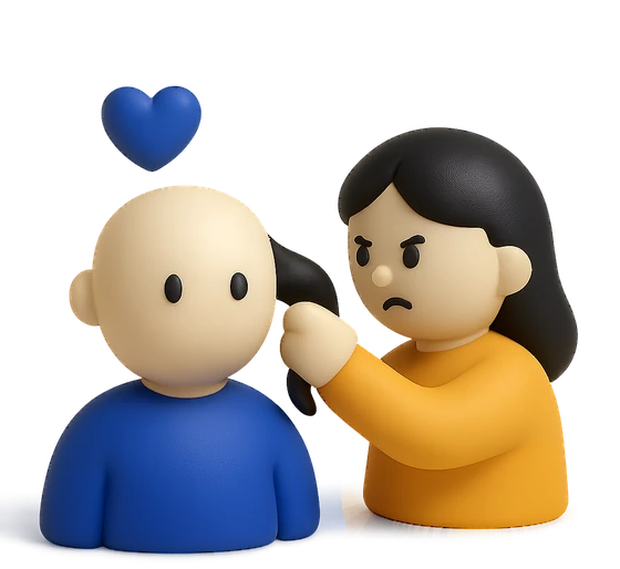Illustration of the literal translation: Whoever loves someone also pulls their hair.