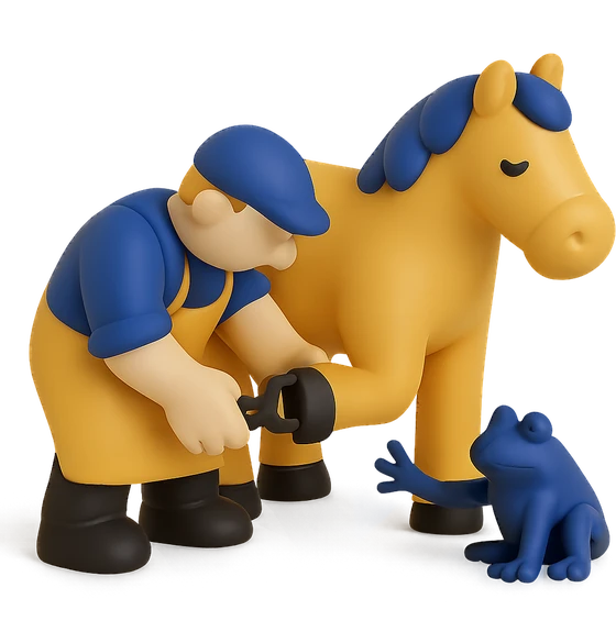 Illustration of the literal translation: They're shoeing the horse, and the frog sticks out its paw too.