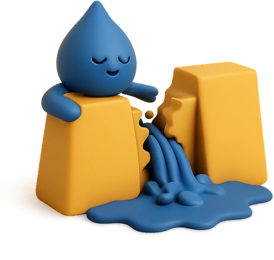 Illustration of the literal translation: Quiet water tears down dams.