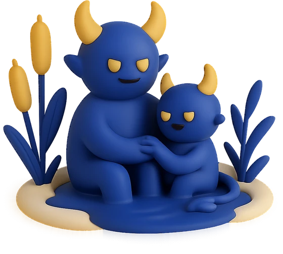 Illustration of the literal translation: In a quiet swamp the devils breed.